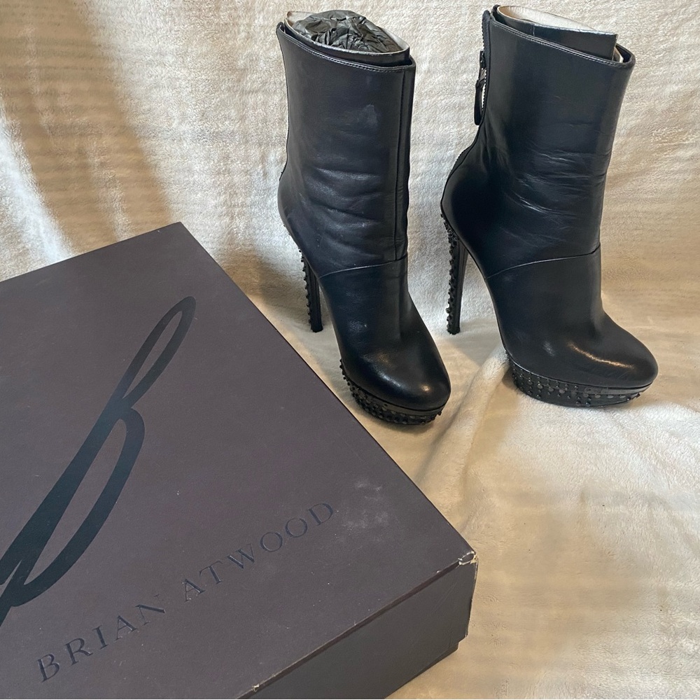 Brian Atwood Black Leather Studded Platform Ankle Boots